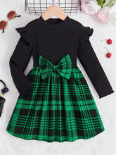 Young Girl Preppy Style Plaid Patchwork Bow Decor Long Sleeve Dress